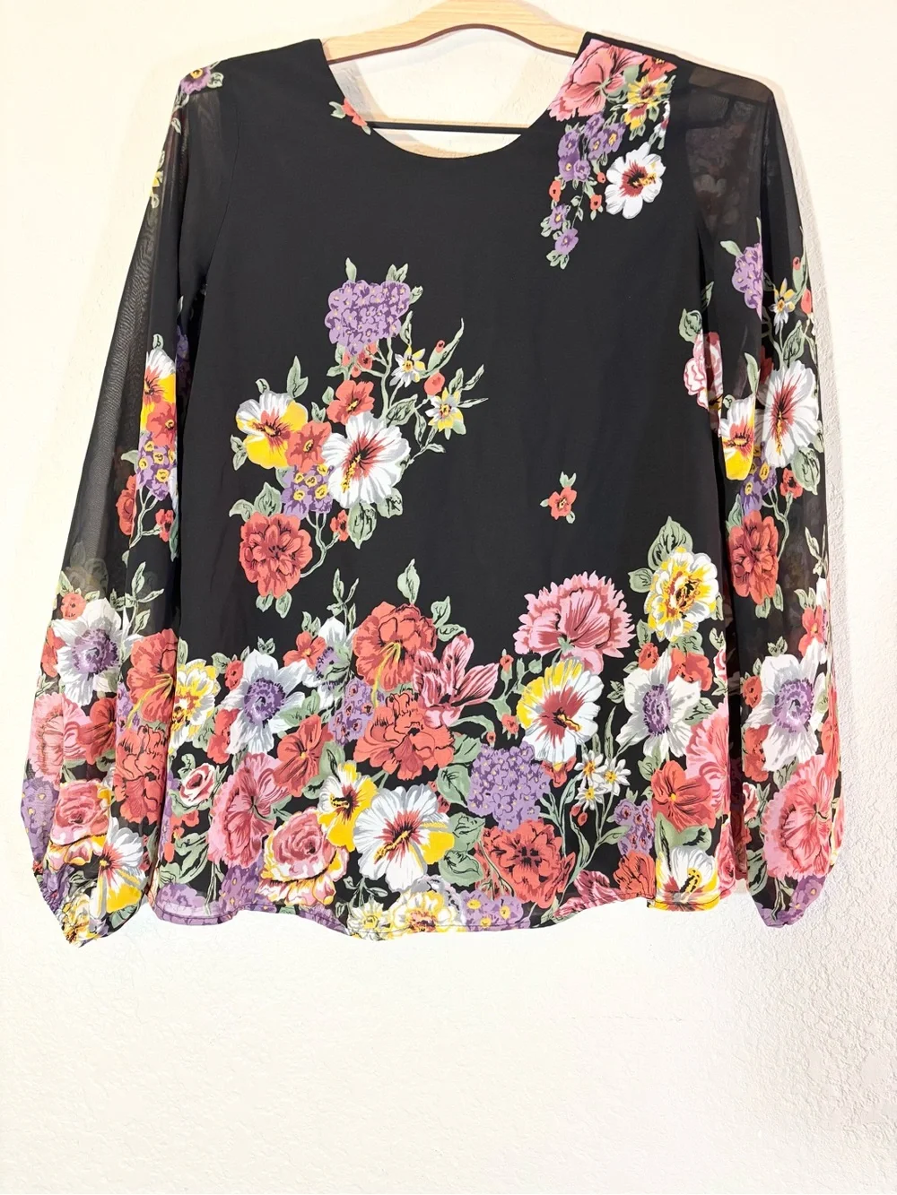 Show Me Your Mumu Women's Black Floral Long-Sleeve Casual Blouse Top Size S